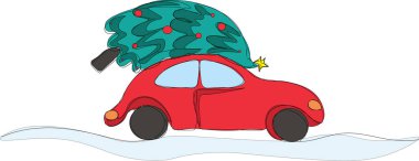  Kırmızı retro araba çatıda bir Noel ağacı taşıyor. Vektör illüstrasyonu