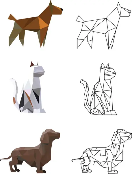  Geometrik hayvanlar seti, kedi ve köpekler. Vektör illüstrasyonu
