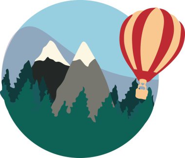 Sıcak hava balonu dağların üzerinde uçuyor. Vektör illüstrasyonu