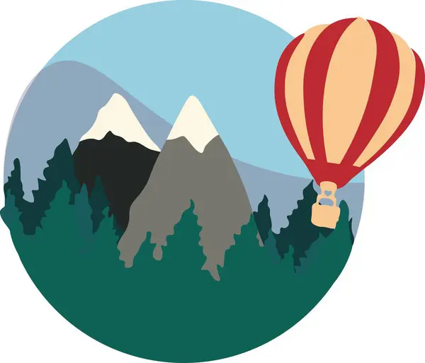 Sıcak hava balonu dağların üzerinde uçuyor. Vektör illüstrasyonu