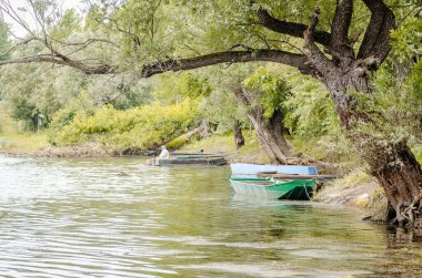Kıyıya bağlı ahşap balıkçı tekneleri. Sonbaharda gölün kıyısına demirlemiş küçük ahşap balıkçı tekneleri manzarası..