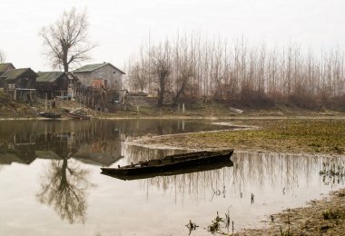 Bataklığın panoramik manzarası sonbahar sisi ile kaplıydı. Bataklık sisli manzarası.