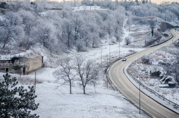 Petrovaradin fortress covered with snow. A view of the snow-covered road that leads to the Petrovaradin Fortress.