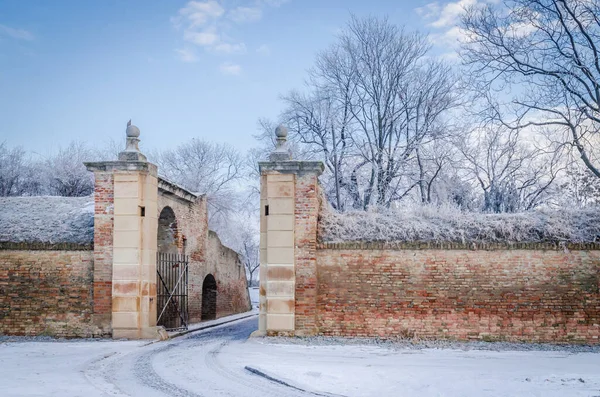 stock image A panoramic view of parts of the Petrovaradin fortress covered with snow.