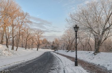 Petrovaradin kalesi karla kaplı. Petrovaradin Kalesi 'ne giden karla kaplı yolun manzarası..