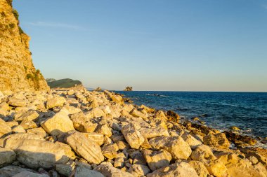 Petrovac na moru, Karadağ. 08 Ağustos 2023. Karadağ 'ın Petrovac na Moru kentindeki ebedi yeşil ağaçlarla kaplı güneşli uçurumlar.