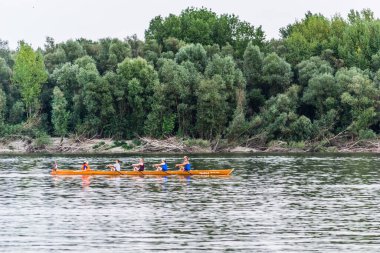 Tuna Nehri 'nin panoramik manzarası. Tuna Nehri 'nin sularındaki kürekçilerin manzarası.