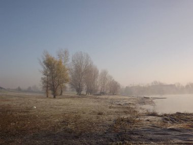 Novi Sad, Sırbistan - Aralık 04. 2013: Sırbistan 'ın Novi Sad kenti yakınlarındaki Tuna Nehri' nin kolları üzerinde gün batımı