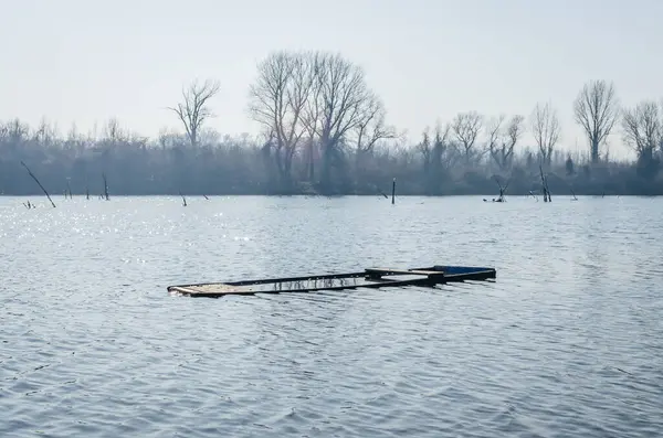 Panoramic view of the Danube river delta in winter. A view of the Danube river delta in winter and the forgotten boats in the water.