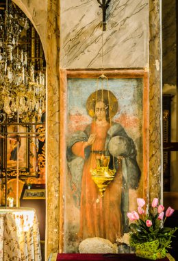 View of the interior and the wall with the iconostasis in the church.