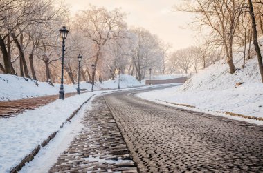Petrovaradin kalesi karla kaplı. Petrovaradin Kalesi 'ne giden karla kaplı yolun manzarası..