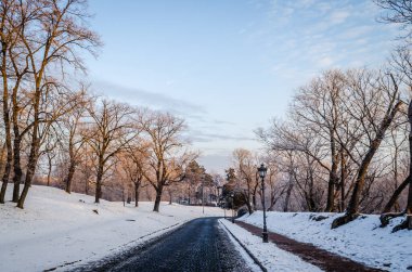 Petrovaradin kalesi karla kaplı. Petrovaradin Kalesi 'ne giden karla kaplı yolun manzarası..