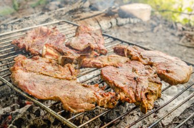 Meat for food - pork tenderloin on a summer grill with a flame.