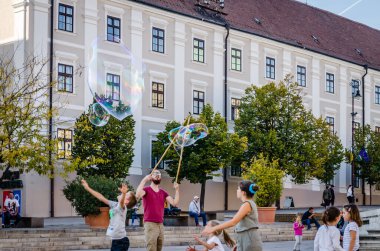 Pecs, Hungary - October 06, 2018: Young street entertainer in the city center