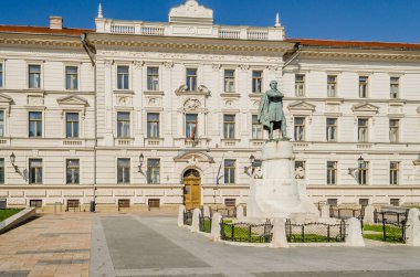 Pecs, Hungary - October 06, 2018: Bronze bust of Itvan Szechenyi in front of government buildings in Pecs, Hungary.