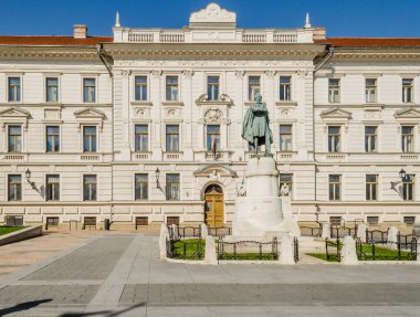 Pecs, Hungary - October 06, 2018: Bronze bust of Itvan Szechenyi in front of government buildings in Pecs, Hungary.
