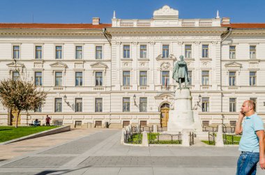 Pecs, Hungary - October 06, 2018: Bronze bust of Itvan Szechenyi in front of government buildings in Pecs, Hungary.