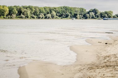 Tuna Nehri 'nin kumlu kıyısı, Petrovaradin, Novi Sad, Sırbistan. Tuna 'nın kumlu kıyılarının manzarası,