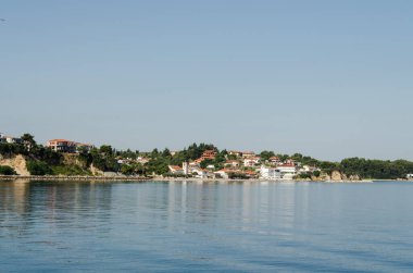 Evia Adası, Yunanistan - 28 Haziran. 2020: Yunanistan 'daki Skiathos adasının panoraması. Yunanistan 'daki Skiathos adasının Panorama manzarası.