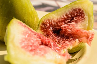 Fig branch with leaves and ripe fruit. Ripe fig fruit in the tree canopy, illuminated by the afternoon sun.