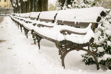 Şehir parkı karla kaplı. Şehir parkındaki ahşap banklar kış battaniyesiyle örtülü. Ocak ayında şehir parkı kış battaniyesiyle örtüldü..