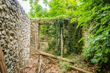 Yunanistan 'ın Olimpos Dağı' ndaki Enipeas Nehri Kanyonu 'nun altındaki Litohoro köyündeki evler.
