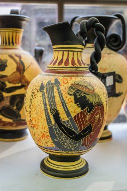 Kalambaka, Greece - June 10, 2018: A look at the exhibited items of a local shop in the city of Kalambaka in Greece.