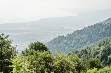 Olimpos Dağı 'ndan Litohoro' nun panoramik manzarası ve Yunanistan 'daki Stavros' un yukarısındaki gözcü noktasından.