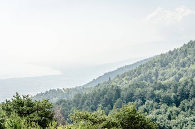 Olimpos Dağı 'ndan Litohoro' nun panoramik manzarası ve Yunanistan 'daki Stavros' un yukarısındaki gözcü noktasından.