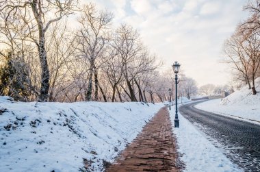 Petrovaradin kalesi karla kaplı. Petrovaradin Kalesi 'ne giden karla kaplı yolun manzarası..
