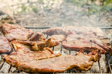 Meat for food - pork tenderloin on a summer grill with a flame.