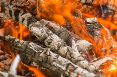 Yakından çekilen odunlar, odun, kömür ve küller alevler içinde yanıyor..