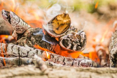 Yakından çekilen odunlar, odun, kömür ve küller alevler içinde yanıyor..
