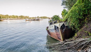 Novi Sad 'daki Tuna Nehri kıyısında terk edilmiş eski bir tanker enkazı bulundu..