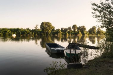 Yazın Tuna nehrinde bir ada. Kıyıda demirli ahşap kayıklar.