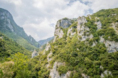 Yunanistan 'ın Litochoro köyü yakınlarındaki Olimpos Dağı' nda Enipez Nehri Kanyonu.