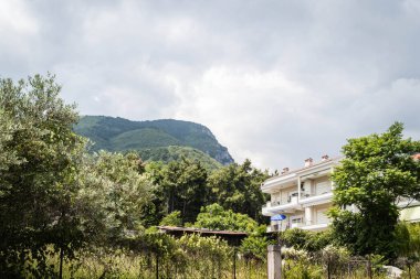 Yunanistan 'ın Olimpos Dağı' ndaki Enipeas Nehri Kanyonu 'nun altındaki Litohoro köyündeki evler.