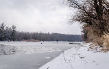 Novi Sad yakınlarındaki Tuna Nehri 'nin donmuş kollarının panoraması.