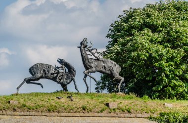 Petrovaradin, Serbia - July 17. 2019: Sculpture `Deer Fight` the work of sculptor Jovan Soldatovic. Editorial image.