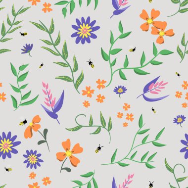 Bees, leaves and flowers seamless pattern on cream background. Colourful. High quality photo. Great for home decor, textiles, stationery and wall paper. Nature inspired design. Surface pattern design.