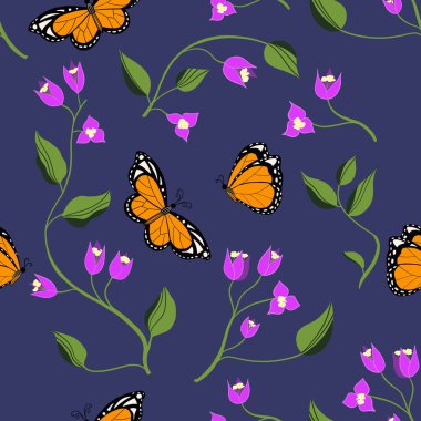 Bougainvillea with monarch butterflies seamless pattern on blue background. High quality photo, Nature inspired design. Perfect for textiles, home decor, stationery and wall paper.