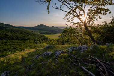 view of hill meadows and Spi Castle in the Slovak Little Carpathian Mountains with the setting sun in the background