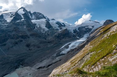 Grossglockner Dağı sonbaharda, Hohe Tauern dağlarındaki Avusturya Alpleri 'nde, göl taşları ve sarı çiçeklerle kaplı.