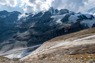 Grossglockner Dağı sonbaharda, Hohe Tauern dağlarındaki Avusturya Alpleri 'nde, göl taşları ve sarı çiçeklerle kaplı.