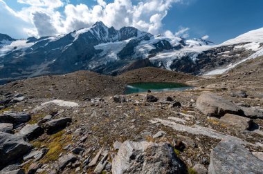 Grossglockner Dağı sonbaharda, Hohe Tauern dağlarındaki Avusturya Alpleri 'nde, göl taşları ve sarı çiçeklerle kaplı.