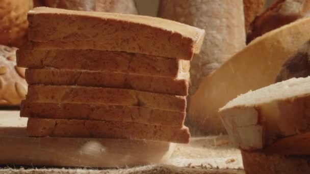 Pieces Fresh Bread Fall Table Slow Motion Close Traditional Recipe — Video Stock