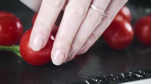 Woman Cutting Fresh Cherry Tomatoes Organic Food Cooking Process Slow — Stock videók
