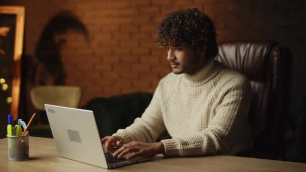Curly Young Man Sending Message Work Chat Smiling Freelancer Sweater — 图库视频影像