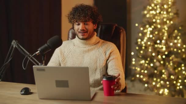 Smiling Streamer Drinking Coffee Talking Indoor Footage Happy Vlogger Going — Vídeo de Stock