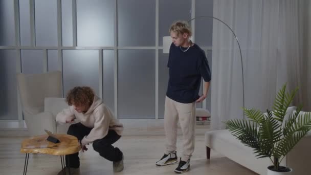 Two Boys Making Dance Video Internet Popular Content Creators Dancing — Stock Video
